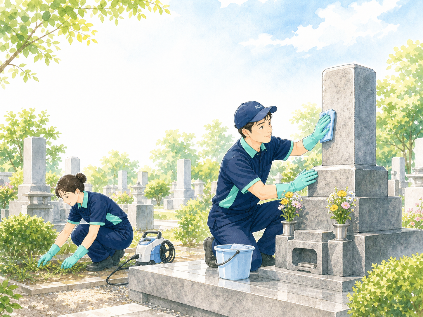 宮城県のお墓清掃代行で墓石清掃と草取りを行うWASH CREWスタッフ